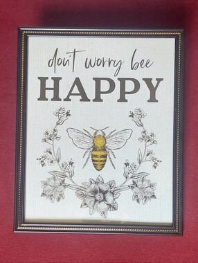 Don't Worry Bee Happy Framed Wall Art - Bee Print with Flowers
